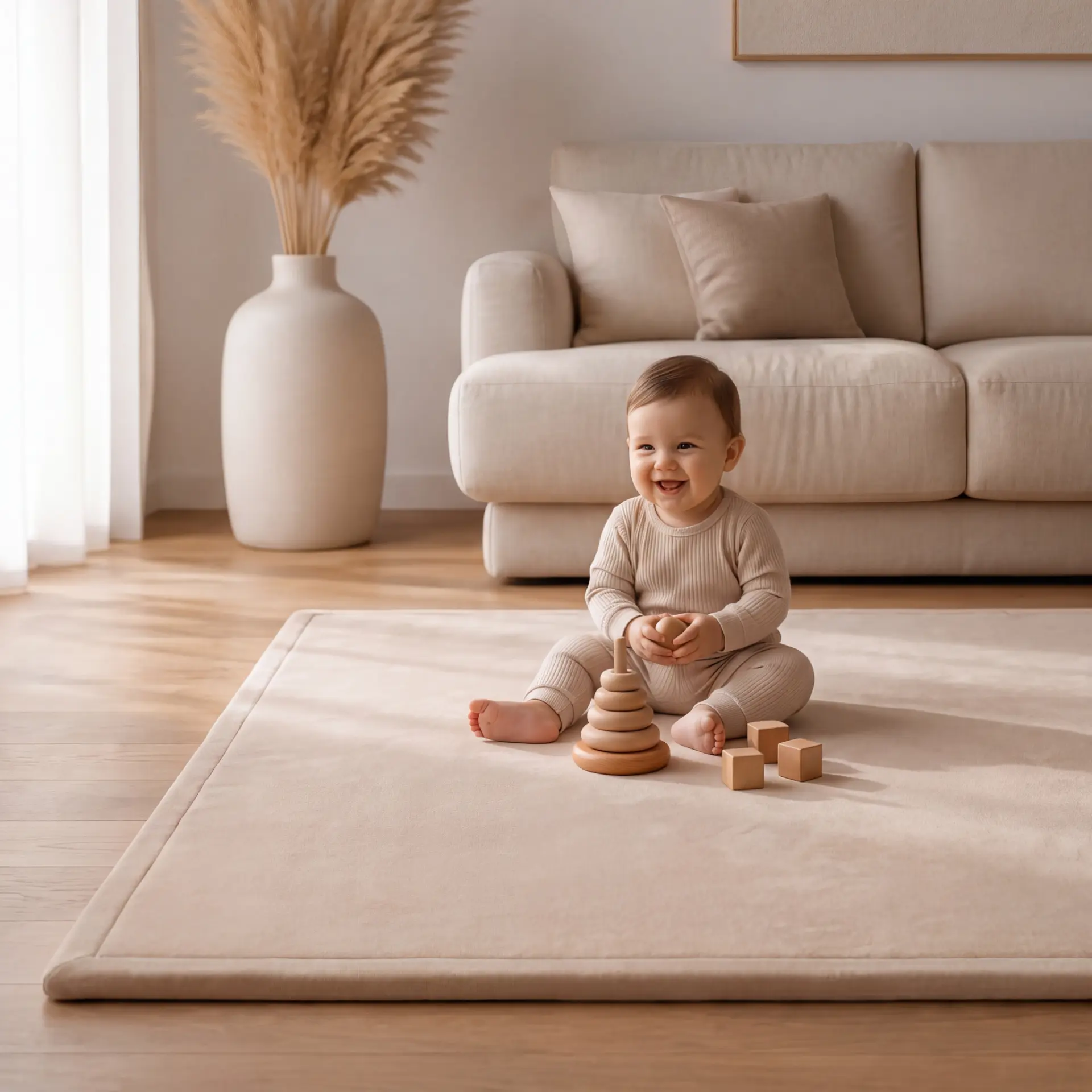Baby speelt op een zachte beige Roosly speelmat in een lichte woonkamer